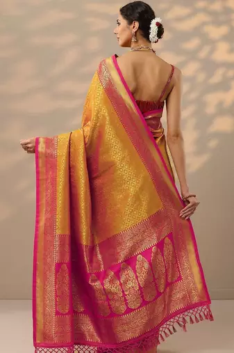 mustard woven design kanjeevaram saree with unstitched blouse piece