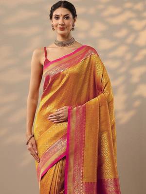 mustard woven design kanjeevaram saree with unstitched blouse piece 4