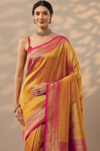 mustard woven design kanjeevaram saree with unstitched blouse piece