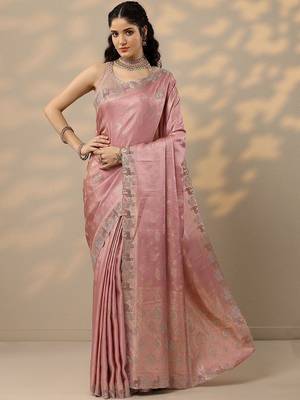 pink woven design banarasi saree with unstitched blouse piece 1