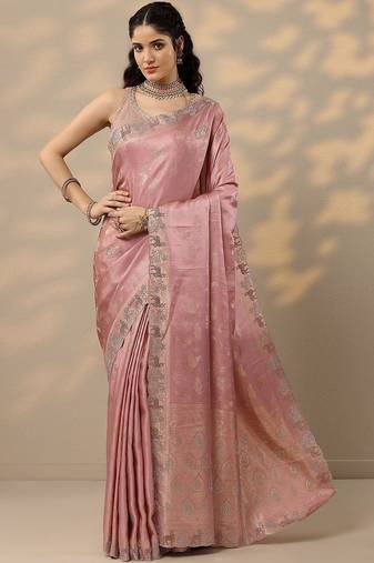 pink woven design banarasi saree with unstitched blouse piece