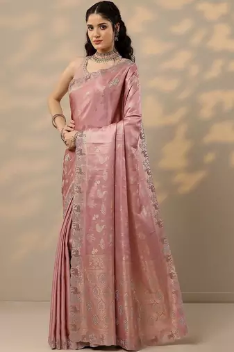 pink woven design banarasi saree with unstitched blouse piece