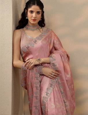 pink woven design banarasi saree with unstitched blouse piece 3