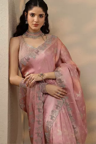 pink woven design banarasi saree with unstitched blouse piece