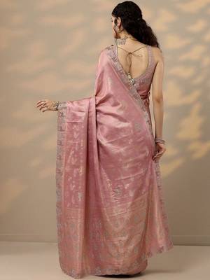 pink woven design banarasi saree with unstitched blouse piece 4