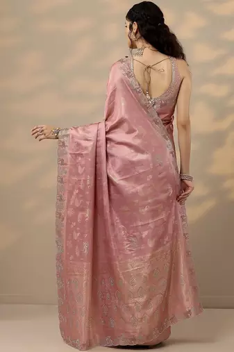 pink woven design banarasi saree with unstitched blouse piece