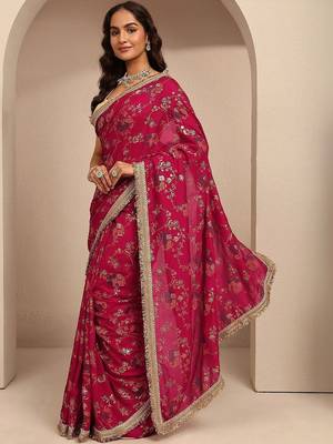 red tribal printed saree with unstitched blouse piece 1
