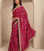 red tribal printed saree with unstitched blouse piece