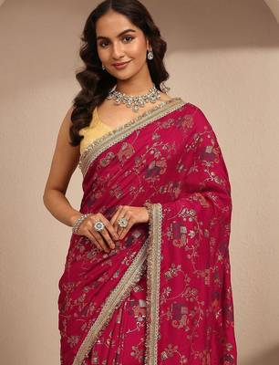 red tribal printed saree with unstitched blouse piece 3