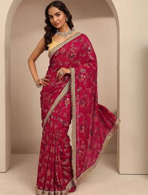 red tribal printed saree with unstitched blouse piece 4