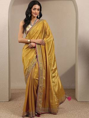 gold solid saree with unstitched blouse piece 1