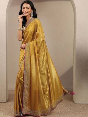 gold solid saree with unstitched blouse piece 2