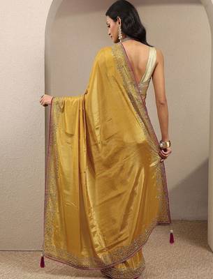 gold solid saree with unstitched blouse piece 3