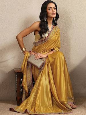gold solid saree with unstitched blouse piece 4