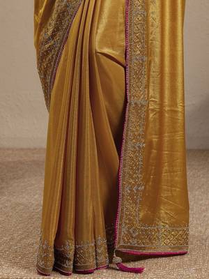 gold solid saree with unstitched blouse piece 5