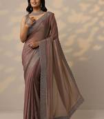 brown embellished organza sarees with unstitched blouse piece