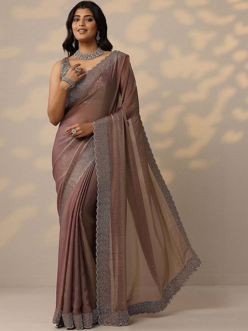 brown embellished organza sarees with unstitched blouse piece