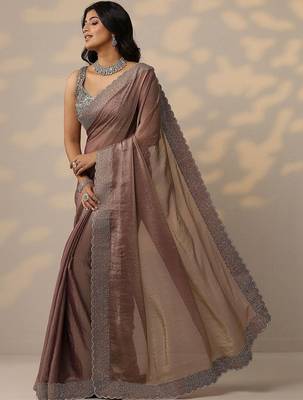 brown embellished organza sarees with unstitched blouse piece 2
