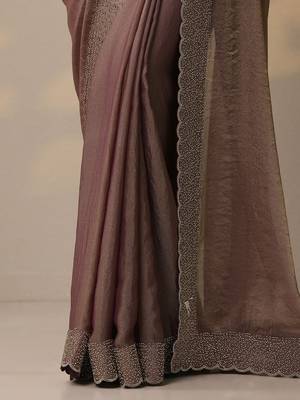 brown embellished organza sarees with unstitched blouse piece 3