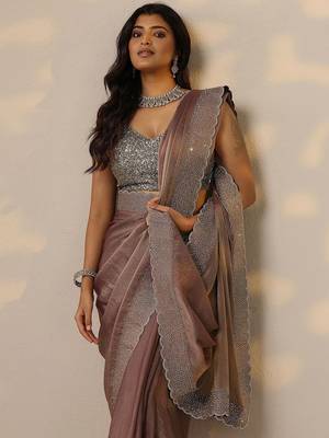 brown embellished organza sarees with unstitched blouse piece 5