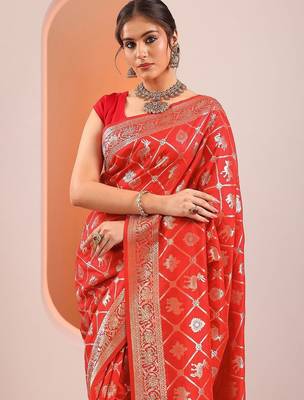 red woven design saree with unstitched blouse piece 1