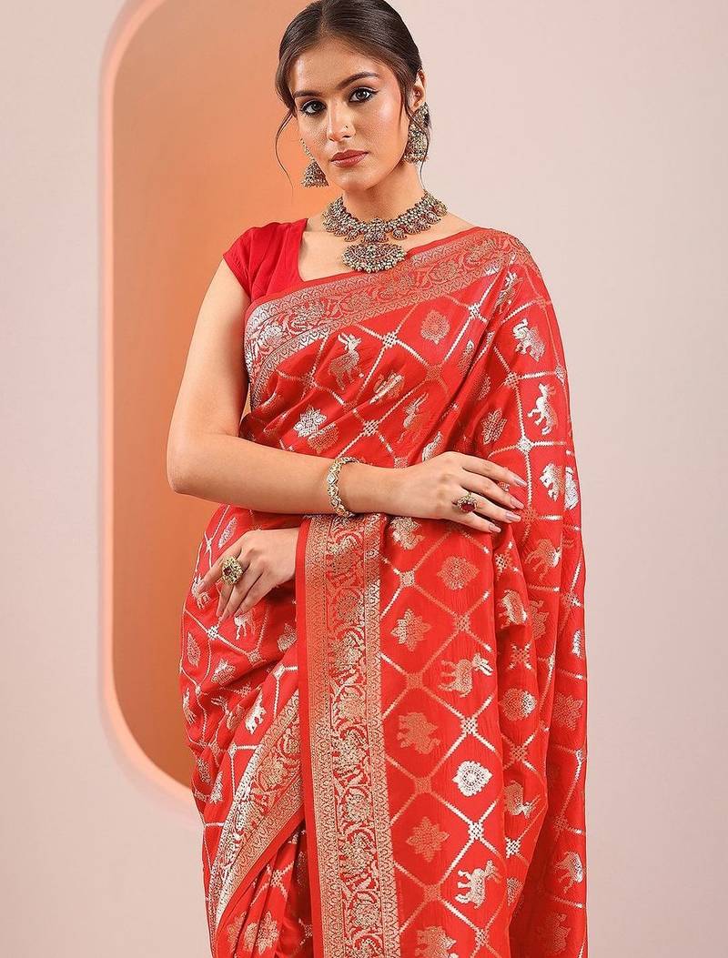 red woven design saree with unstitched blouse piece