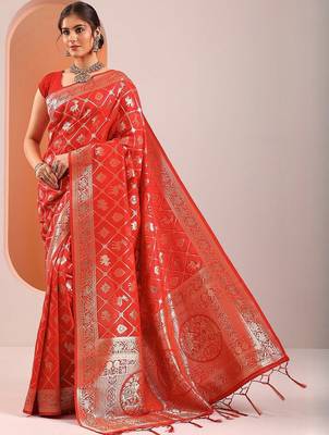 red woven design saree with unstitched blouse piece 2