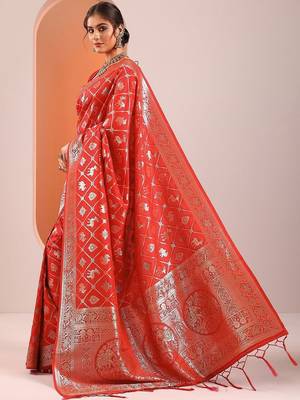 red woven design saree with unstitched blouse piece 3