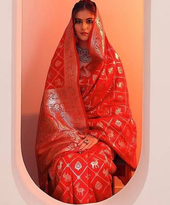 red woven design saree with unstitched blouse piece 5