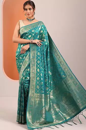 teal woven design sarees with unstitched blouse piece