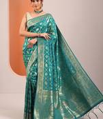 teal woven design sarees with unstitched blouse piece