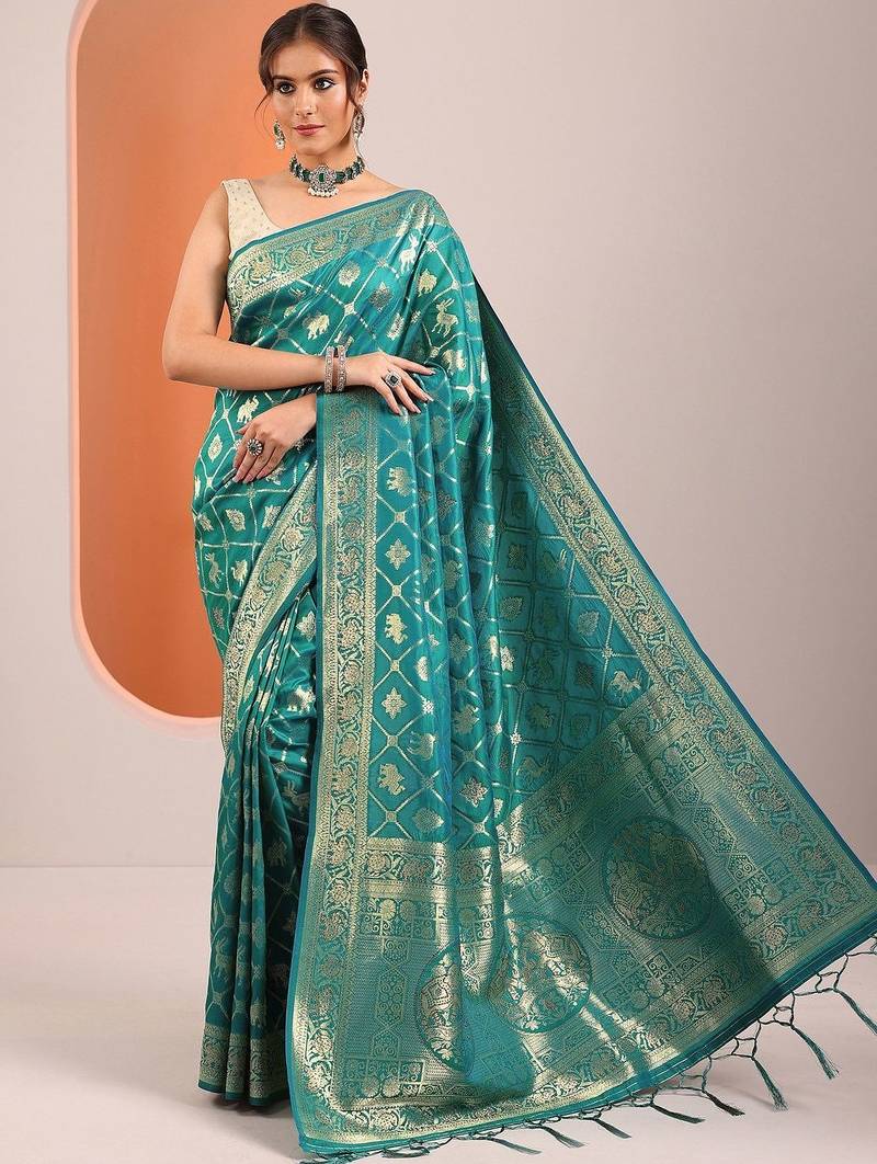 teal woven design sarees with unstitched blouse piece