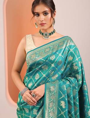 teal woven design sarees with unstitched blouse piece 2