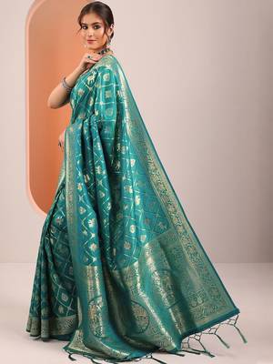teal woven design sarees with unstitched blouse piece 3