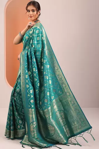 teal woven design sarees with unstitched blouse piece