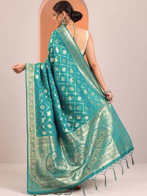 teal woven design sarees with unstitched blouse piece 4