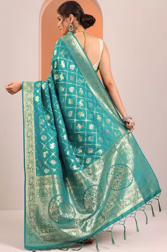 teal woven design sarees with unstitched blouse piece
