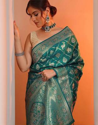 teal woven design sarees with unstitched blouse piece 5