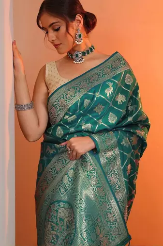 teal woven design sarees with unstitched blouse piece