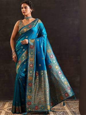 teal woven design saree with unstitched blouse piece 2