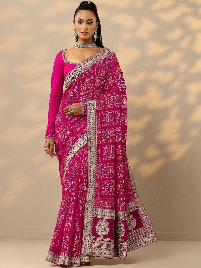 magenta bandhani printed saree with unstitched blouse piece