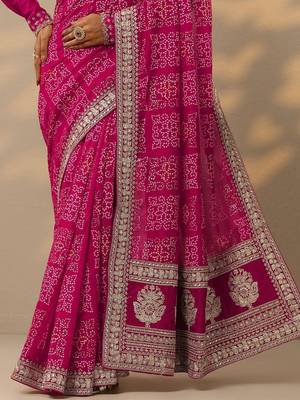 magenta bandhani printed saree with unstitched blouse piece 3