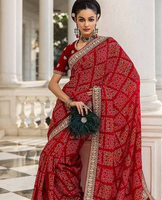 red bandhani printed saree with unstitched blouse piece 1