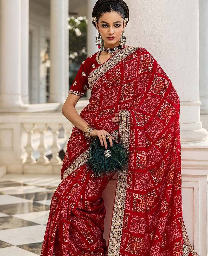 red bandhani printed saree with unstitched blouse piece