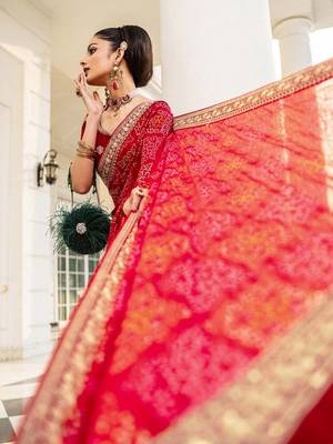 red bandhani printed saree with unstitched blouse piece 2