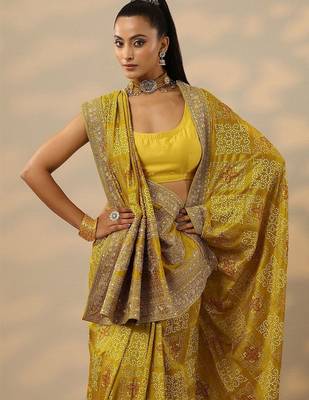yellow printed banarasi saree with unstitched blouse piece 3