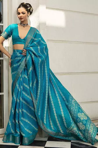 blue printed saree with unstitched blouse piece
