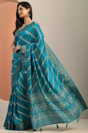 blue printed saree with unstitched blouse piece