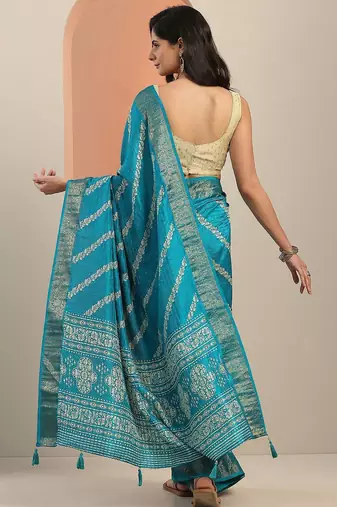 blue printed saree with unstitched blouse piece