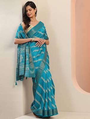 blue printed saree with unstitched blouse piece 5